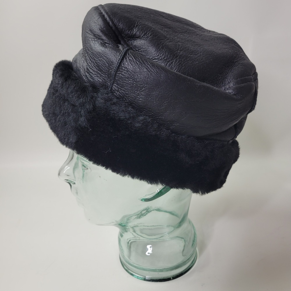 Black Sheepskin Leather Cossack Hat Shearling Trim Winter Pillbox Cap Medium - Picture 2 of 7